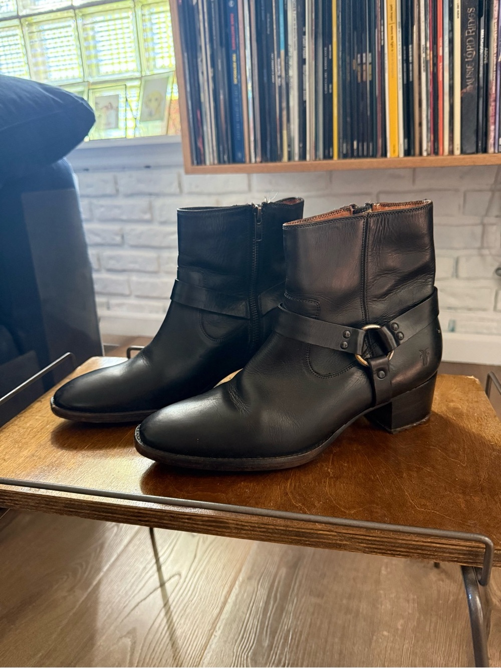 Frye Black Leather Ankle Boots with Harness Detail - Picture 6 of 10
